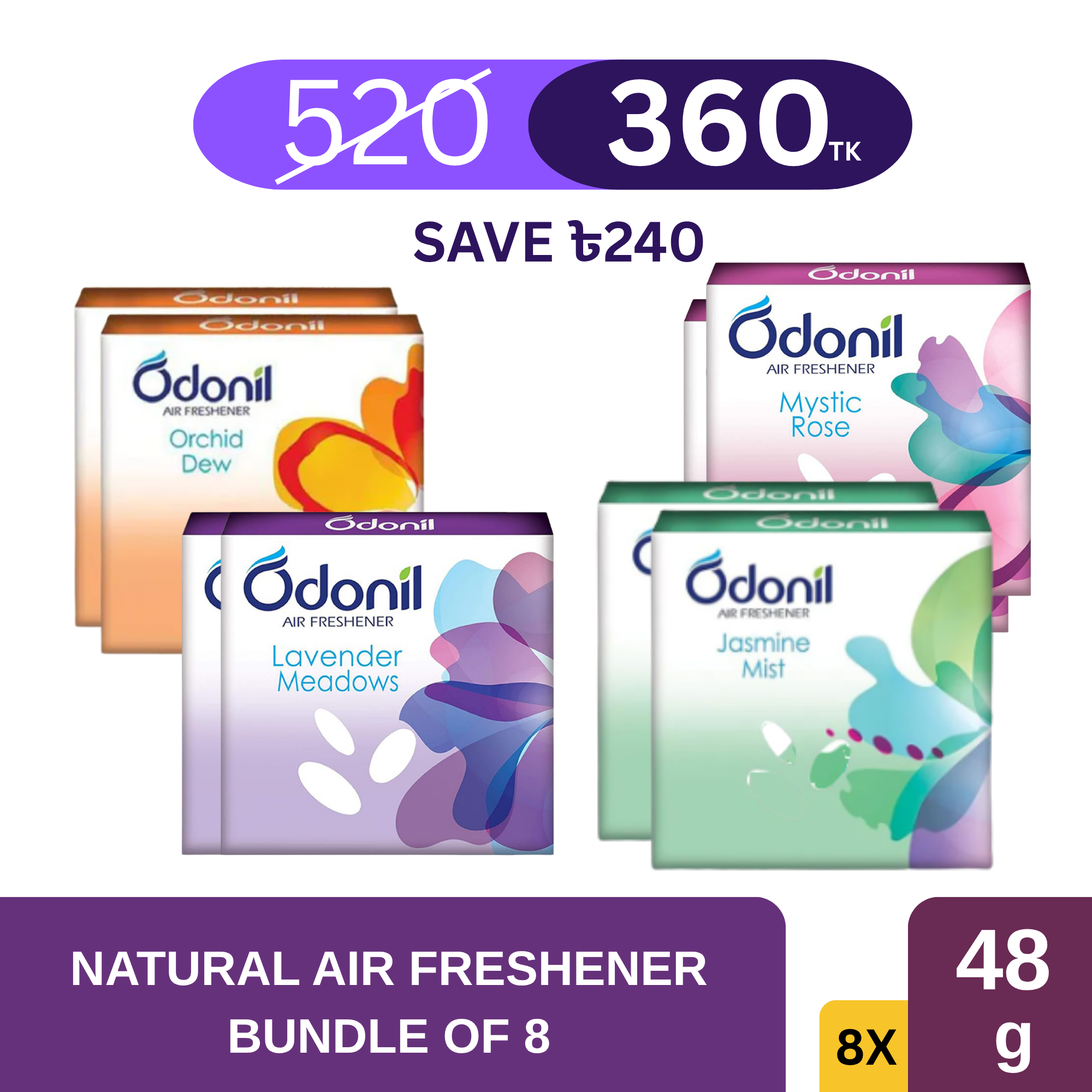 Bundle of 8 Odonil Natural Air Freshener ( Lavender, Jasmine, Mystic Rose, Orchid Dew)  48gm