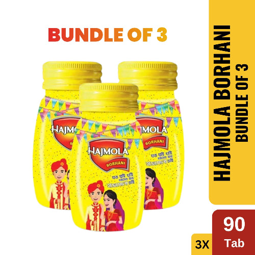 Three yellow bottles with colorful labels featuring Hajmola and Mola Borhani branding on a white background.