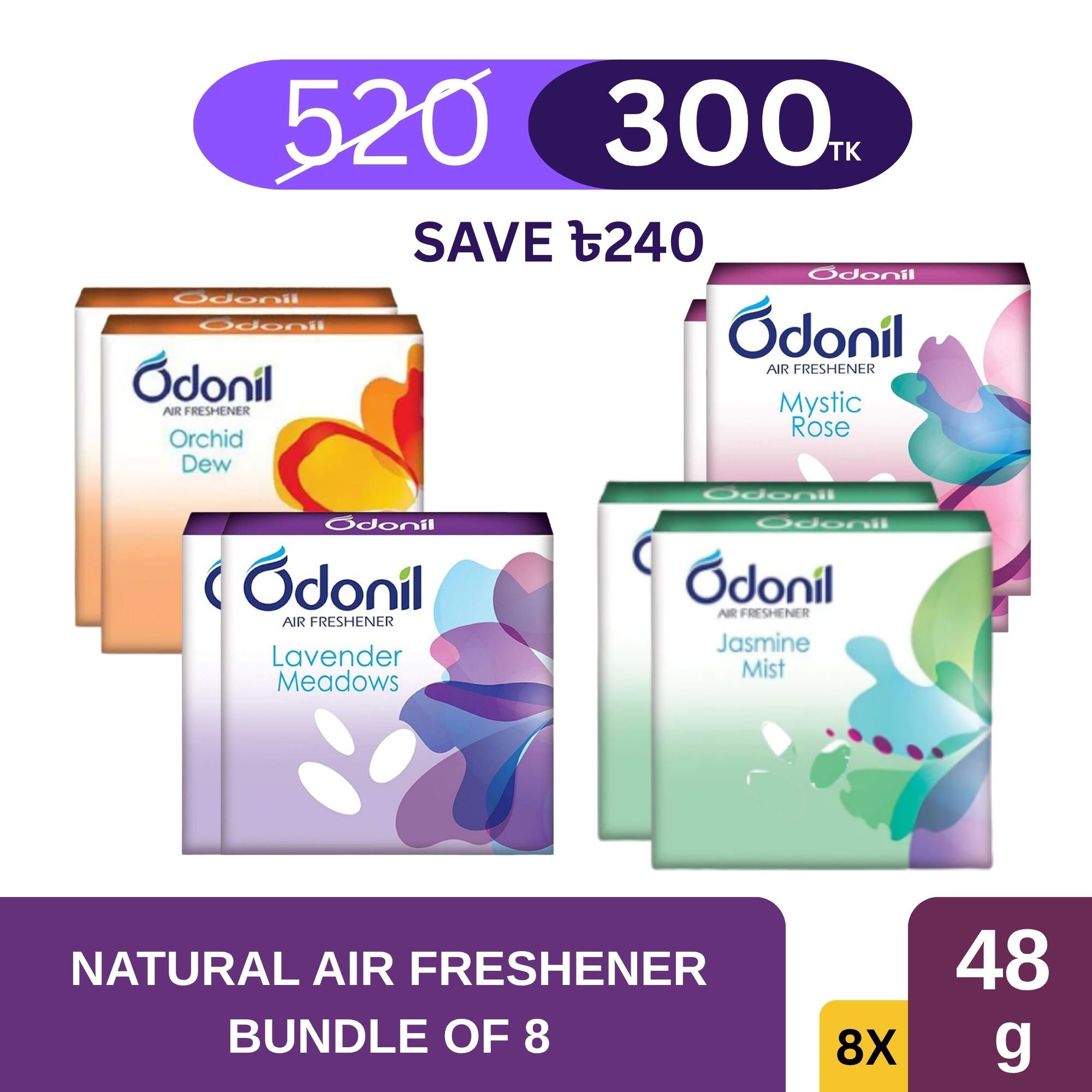 Bundle of 8 Odonil Natural Air Freshener ( Lavender, Jasmine, Mystic Rose, Orchid Dew)  48gm