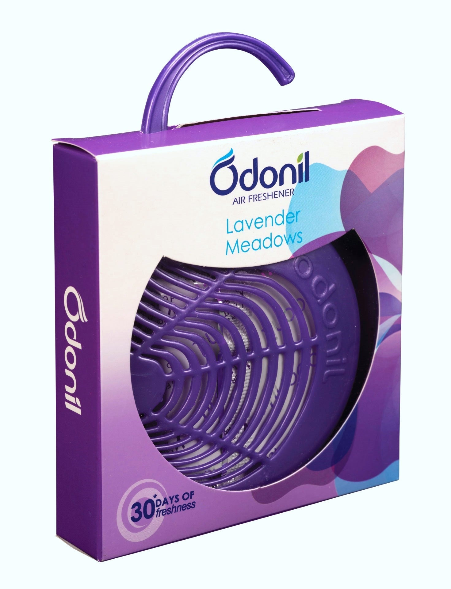 Odonil air freshener packaging with purple design on a white background