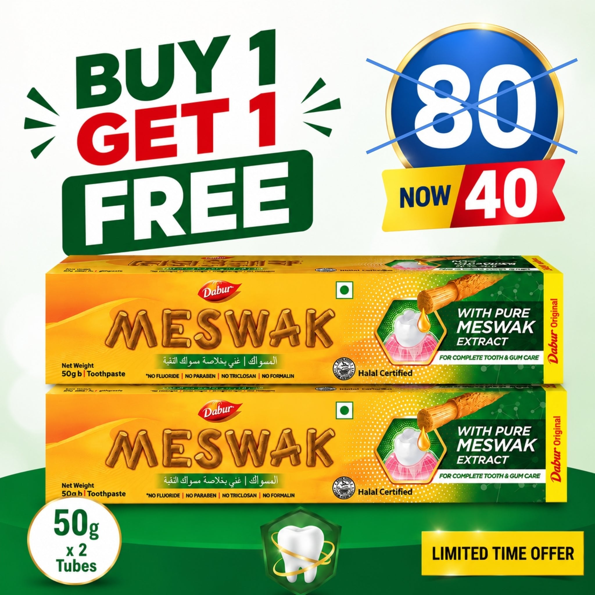 Buy 1 Get 1 FREE Dabur Meswak Herbal Toothpaste 50g | Natural Oral Care - Dabur Shop BD