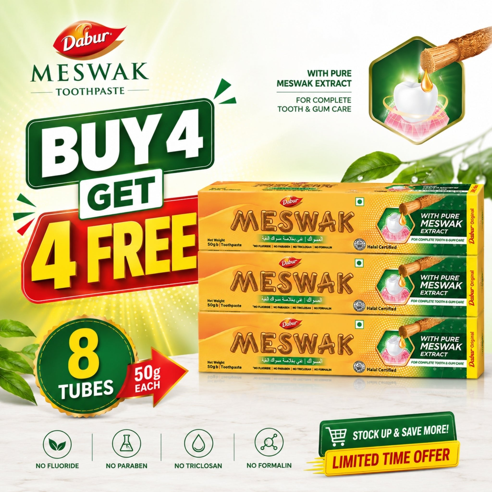 (Buy 4, Get 4 FREE) Dabur Meswak Herbal Toothpaste 50g | Natural Oral Care - Dabur Shop BD